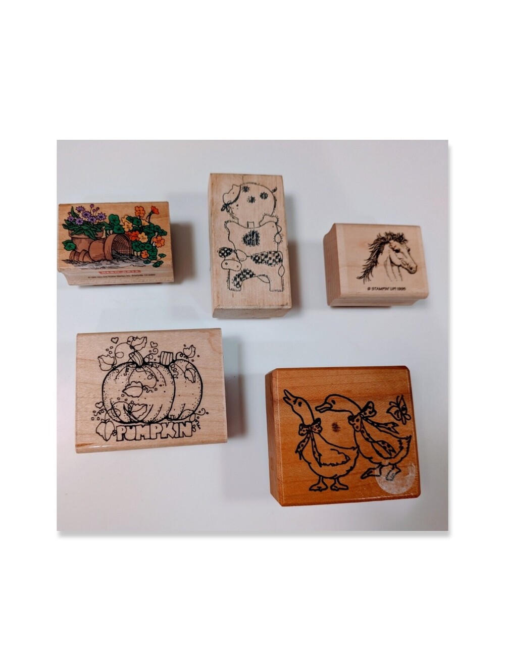 vintage wood mounted rubber stamps cottage core pumpkin goose flowers animals